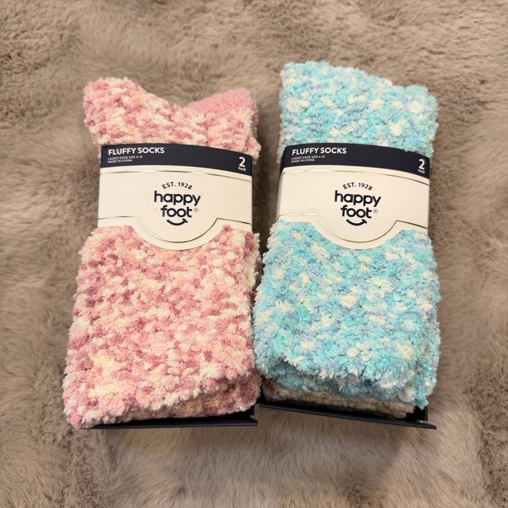 Happy Foot Fluffy Socks Set ( 2 Packs with 2 Pairs in Each) 4 Pairs Total